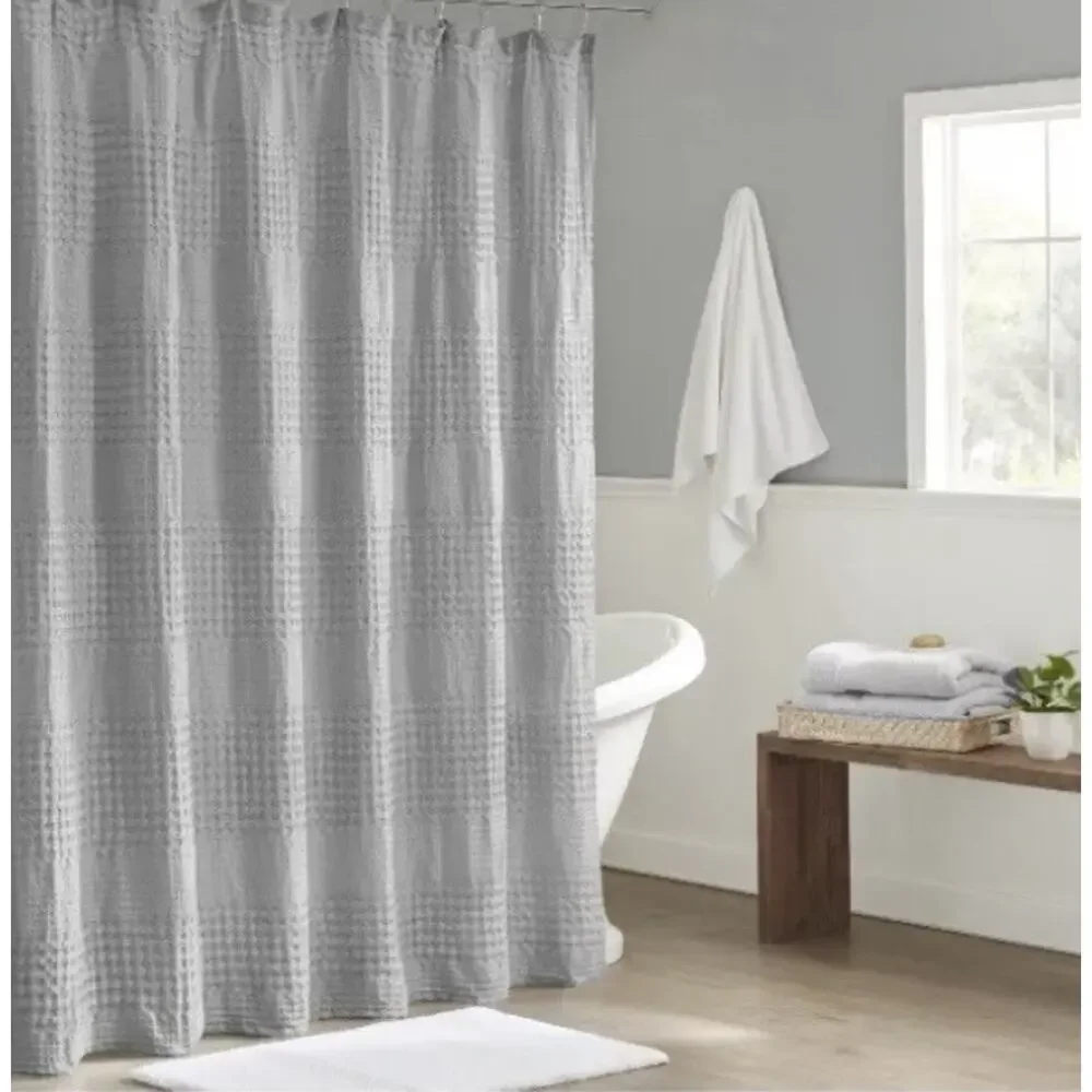 Madison Park Shower Curtain Gray Waffle Textured Cotton Fabric 72x72 NEW